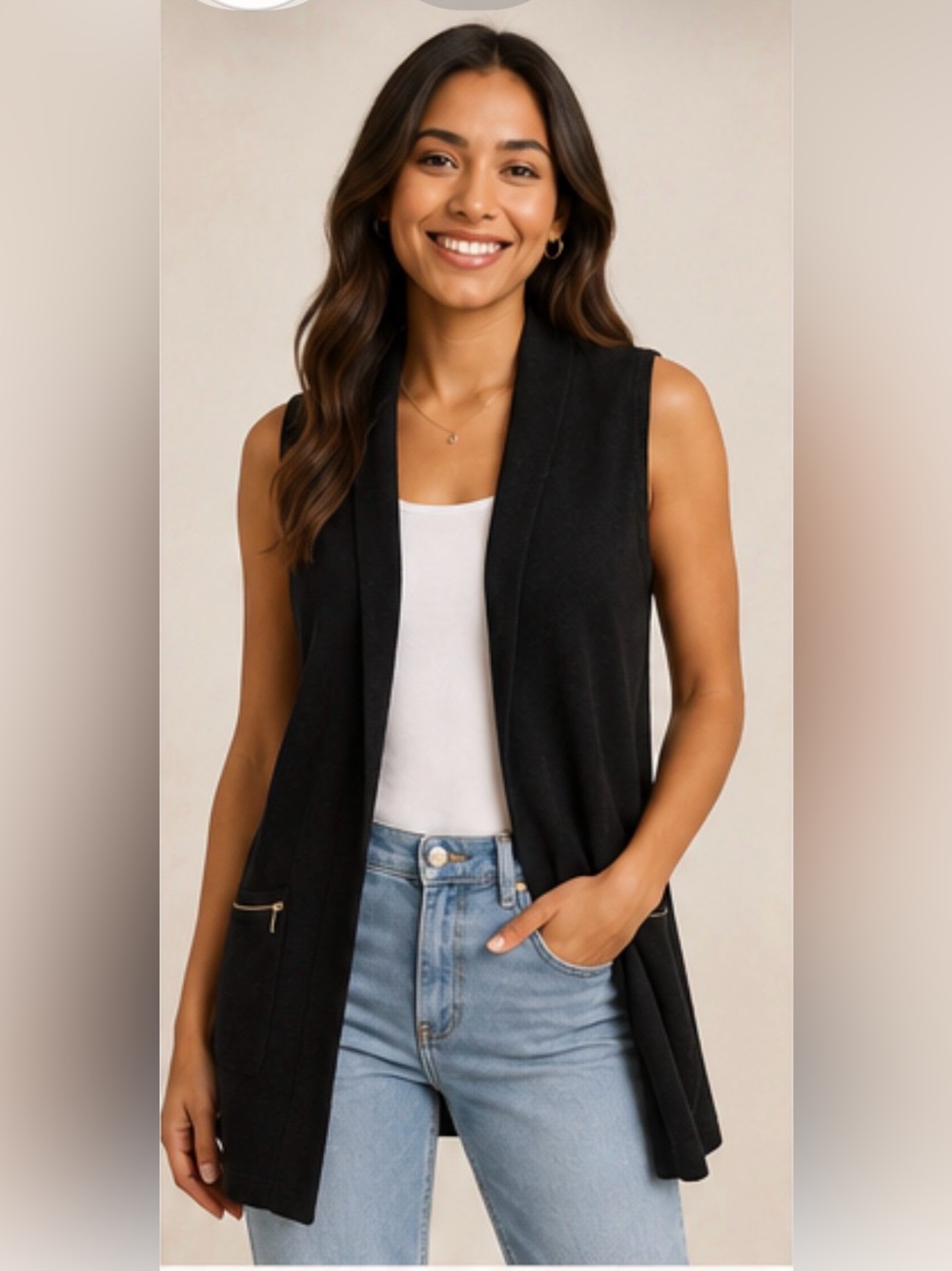 Magaschoni Black Sleeveless Long Vest L Zip Pocket Accents